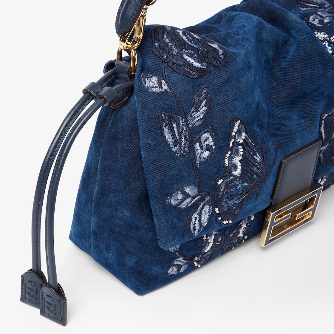 FENDI Mamma Baguette Medium Blue flocked denim bag with Night Butterfly embroidery - Image 6